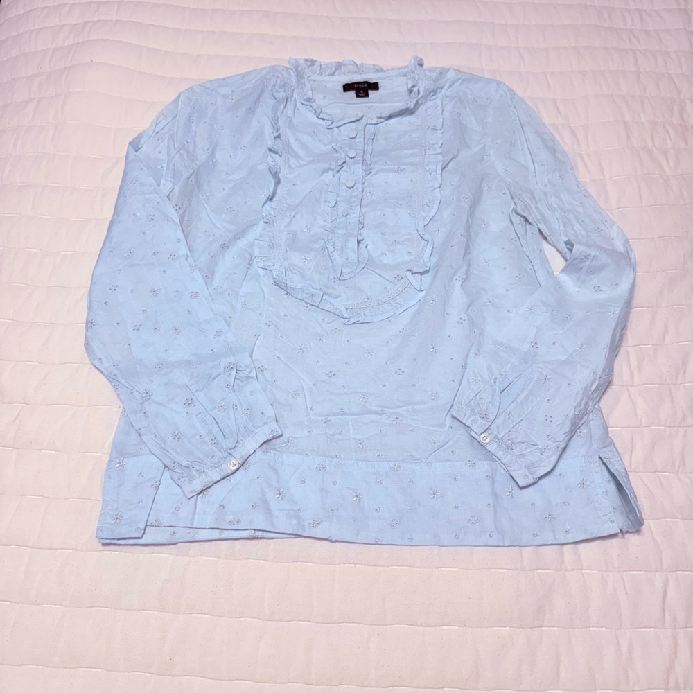 JCrew Light Blue Ruffle Bib Eyelet Blouse